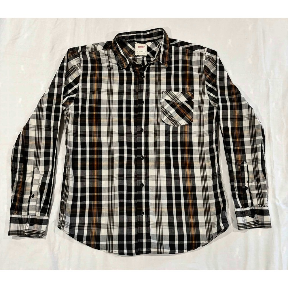 Levis Mens Plaid Button Down Shirt‎ Large Black Brown White Long Sleeve Pocket